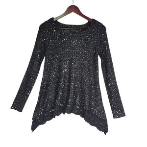Signature Studio Women Black Sequin Sweater Top Small Lace Asymmetric Whimsigoth